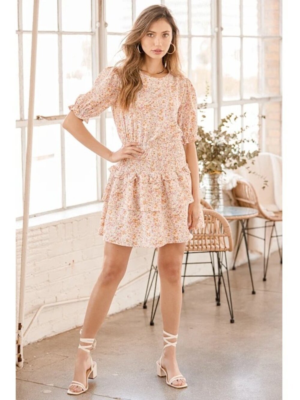 Lulus Isn't She Darling Blush Floral Print Puff Sleeve Mini Dress Medium #A2654